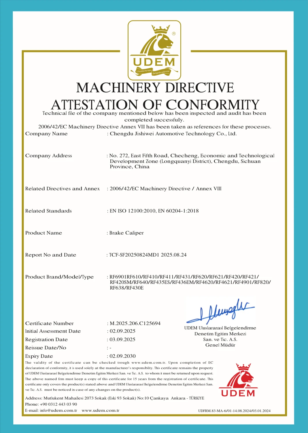 Machinery Directive Attestation — Brake Caliper